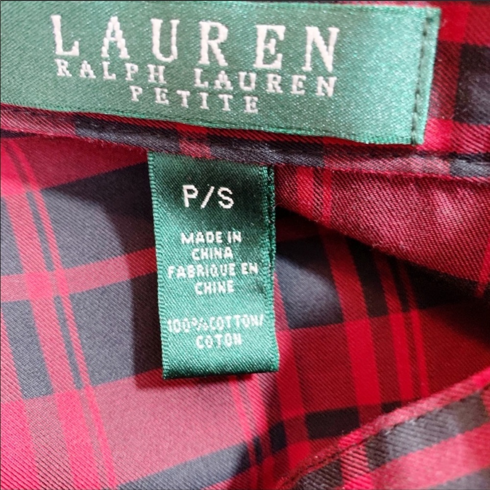 Lauren Ralph Lauren Red Black Buffalo Plaid Ruffle Cotton Blouse Fall Christmas - Picture 5 of 5